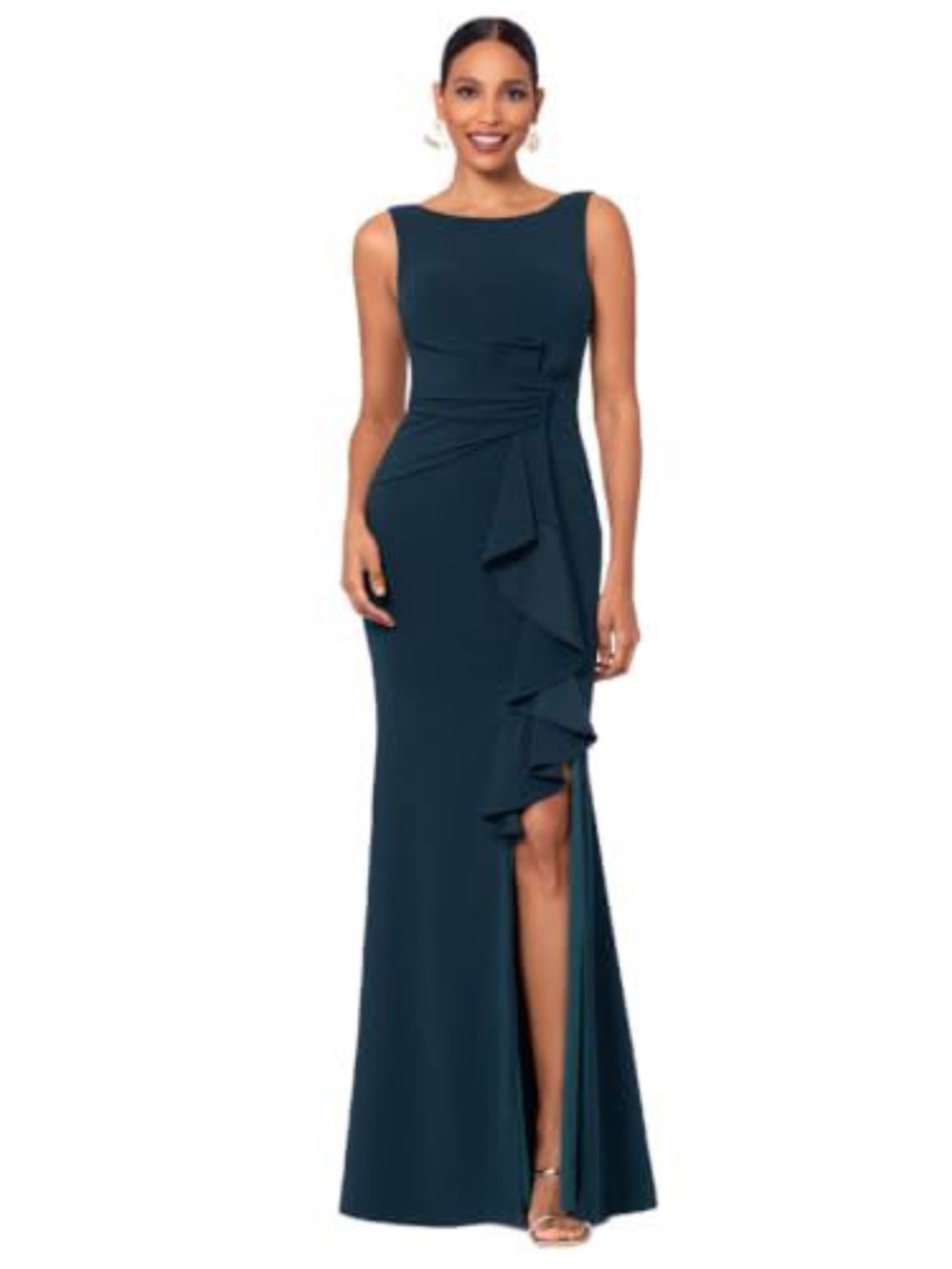 Betsy & Adam 12 Dark Pine Ruffled Evening Gown Bodycon Boat Neck Side Slit